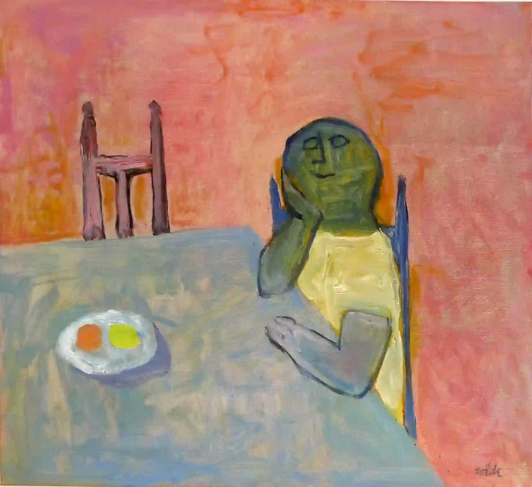Jan Roëde – Figuur aan tafel, acryl, marouflé