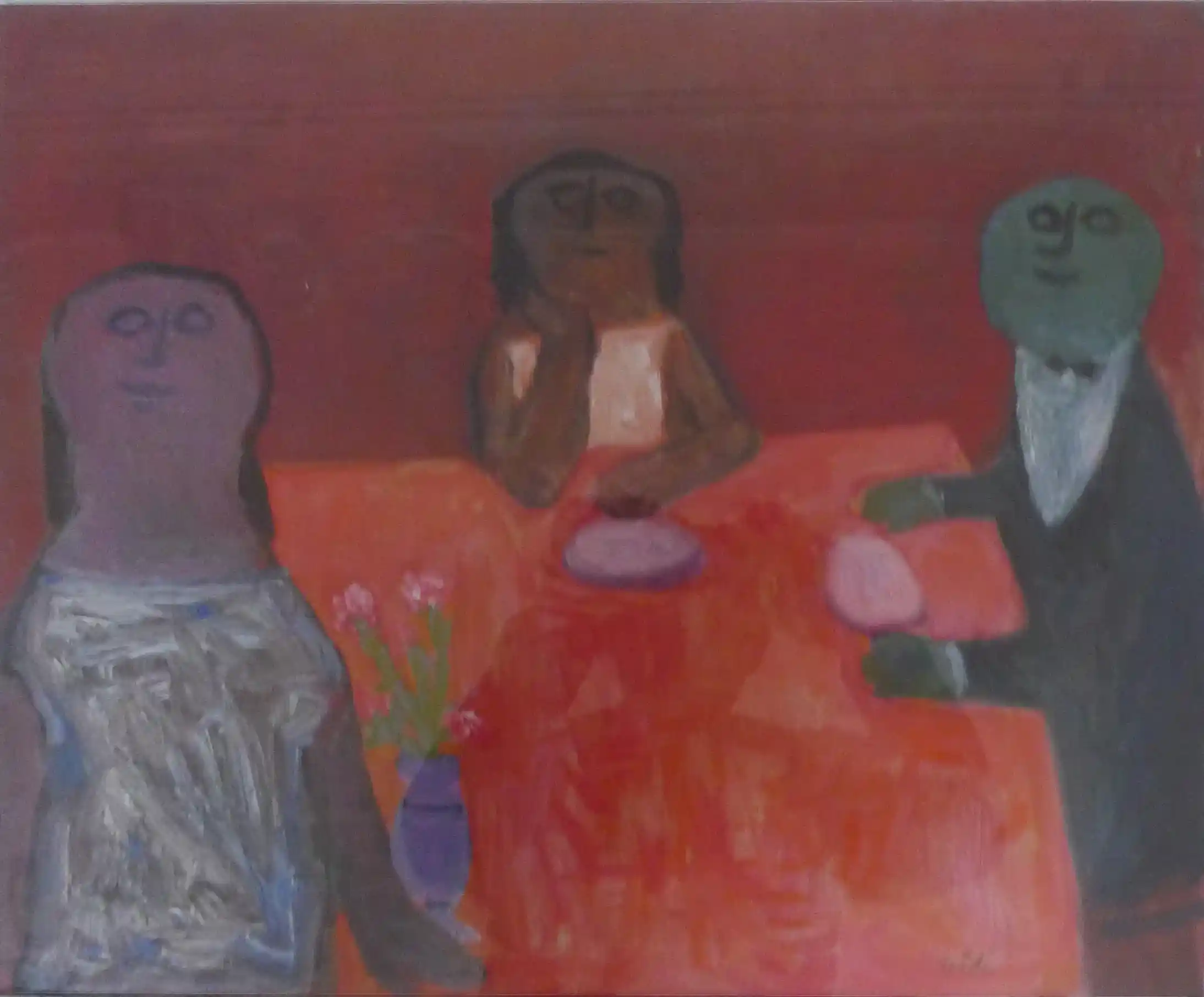 Jan Roëde – Figuren aan rode tafel, olie, marouflé